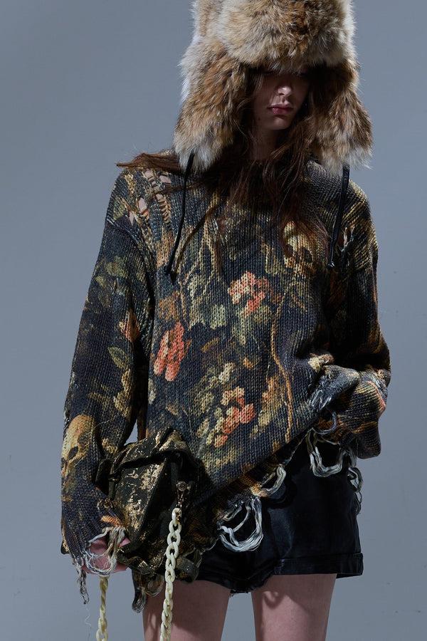 R13 PRINTED BOYFRIEND SWEATER Skull Camo Green