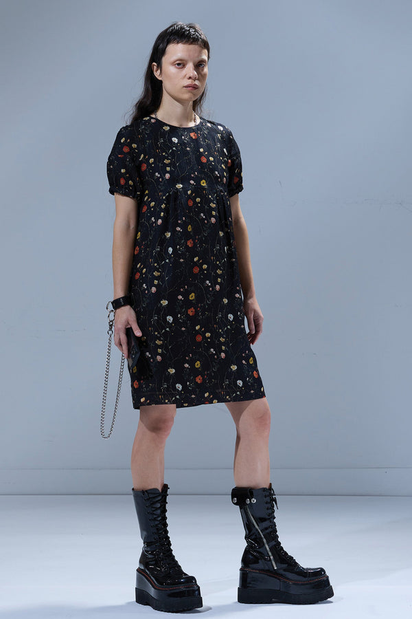 r13 RAGLAN SLEEVE BABYDOLL DRESS floral on black