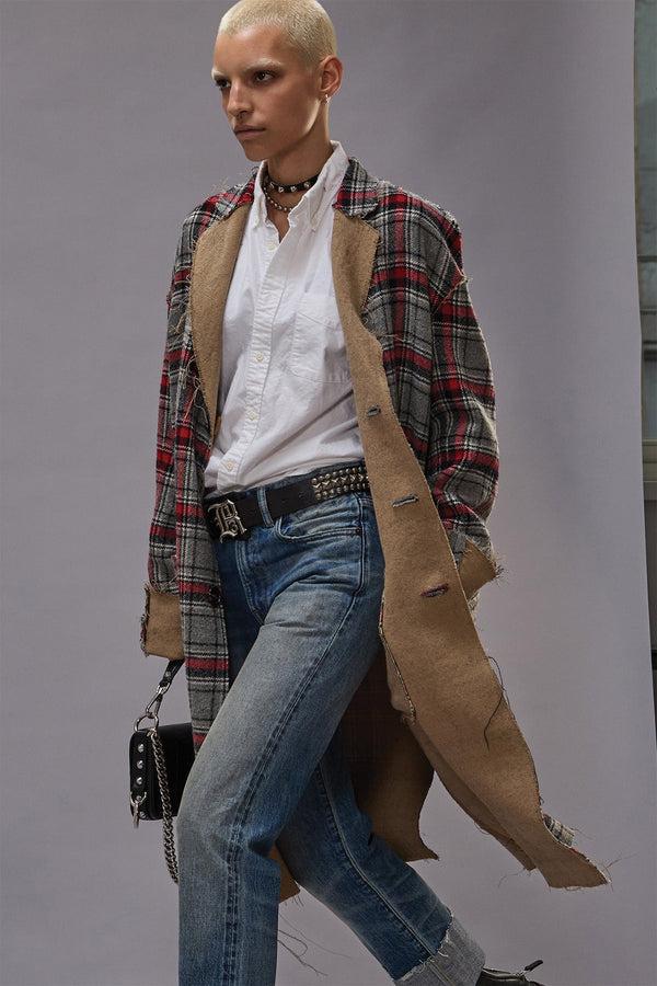 R13 REVERSIBLE RAW CUT COAT Red/grey Plaid