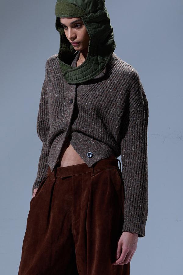 r13 SPLIT HEM RIBBED CARDIGAN brown tweed