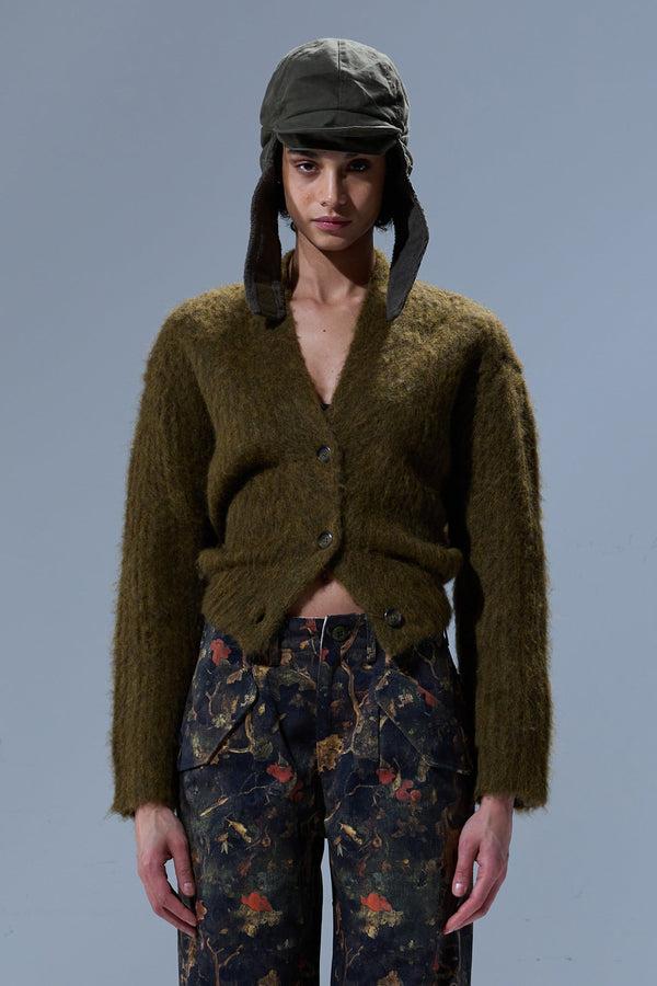 R13 SPLIT HEM RIBBED CARDIGAN Heather Olive Green