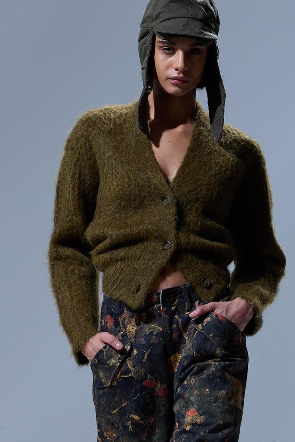 r13 SPLIT HEM RIBBED CARDIGAN heather olive green