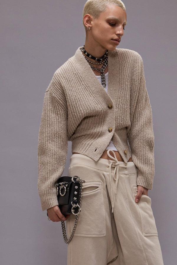 r13 SPLIT HEM RIBBED CARDIGAN oatmeal tweed