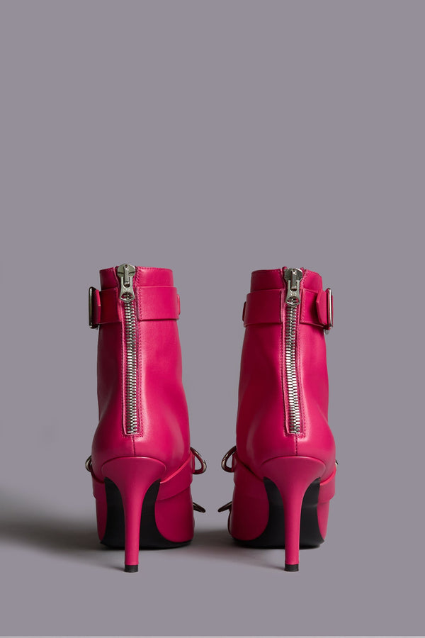 R13 STRAPPED SKINNY ANKLE HEELED BOOT Bright Pink