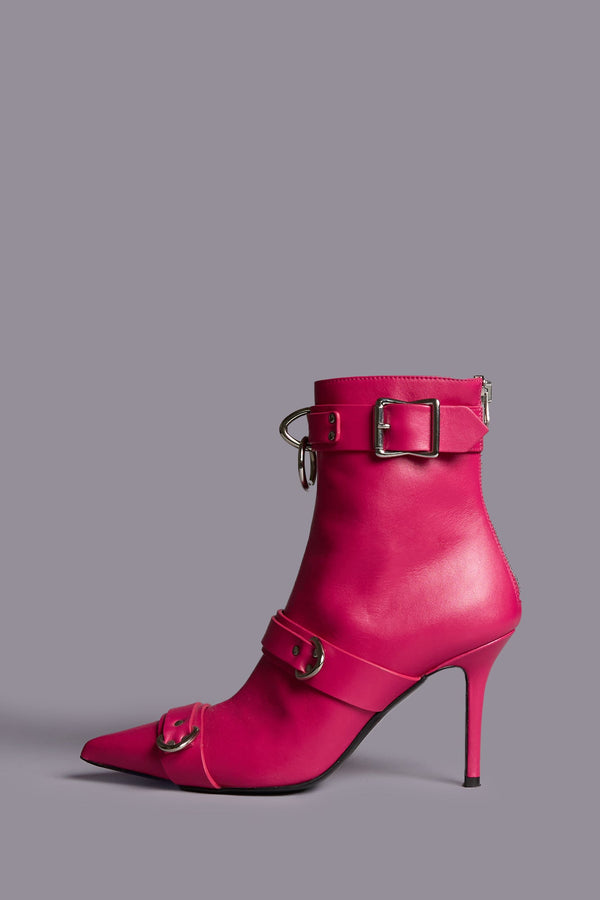 r13 STRAPPED SKINNY ANKLE HEELED BOOT bright pink