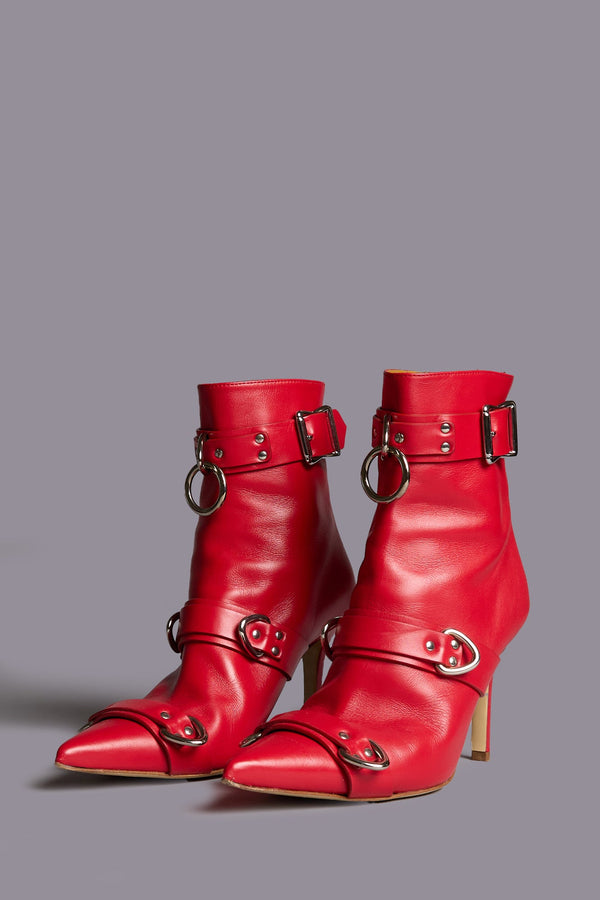 R13 STRAPPED SKINNY ANKLE HEELED BOOT Red