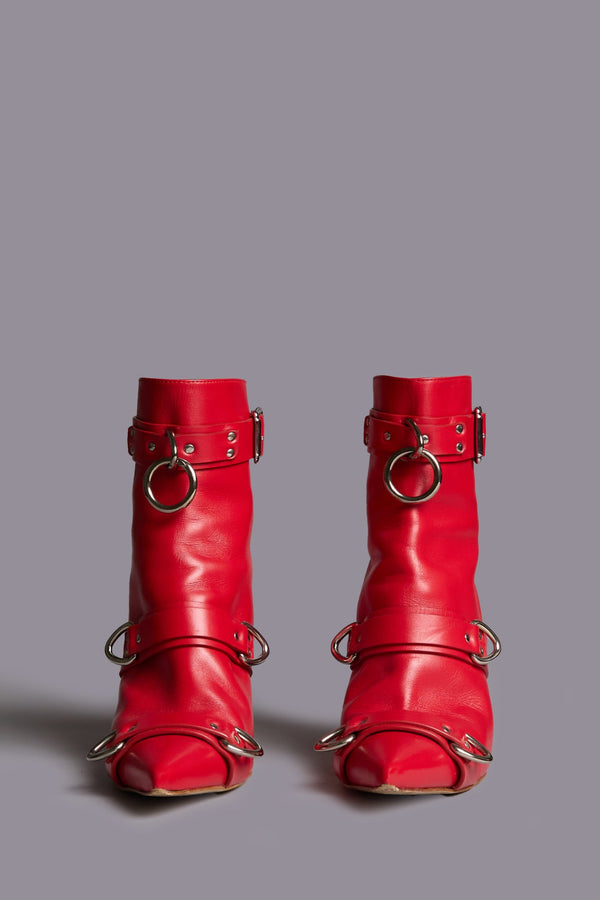 R13 STRAPPED SKINNY ANKLE HEELED BOOT Red