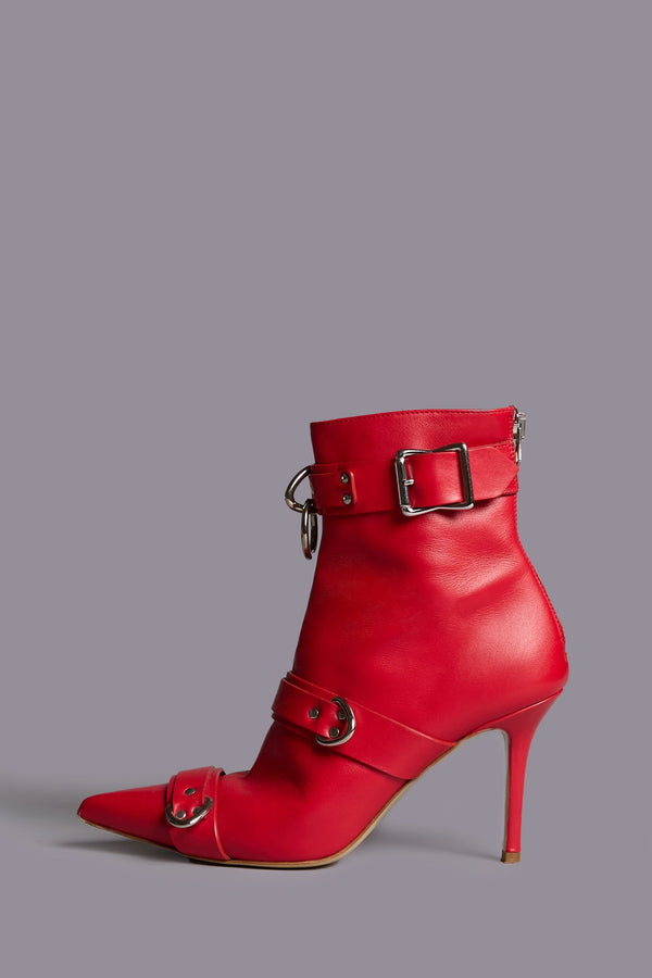 r13 STRAPPED SKINNY ANKLE HEELED BOOT red