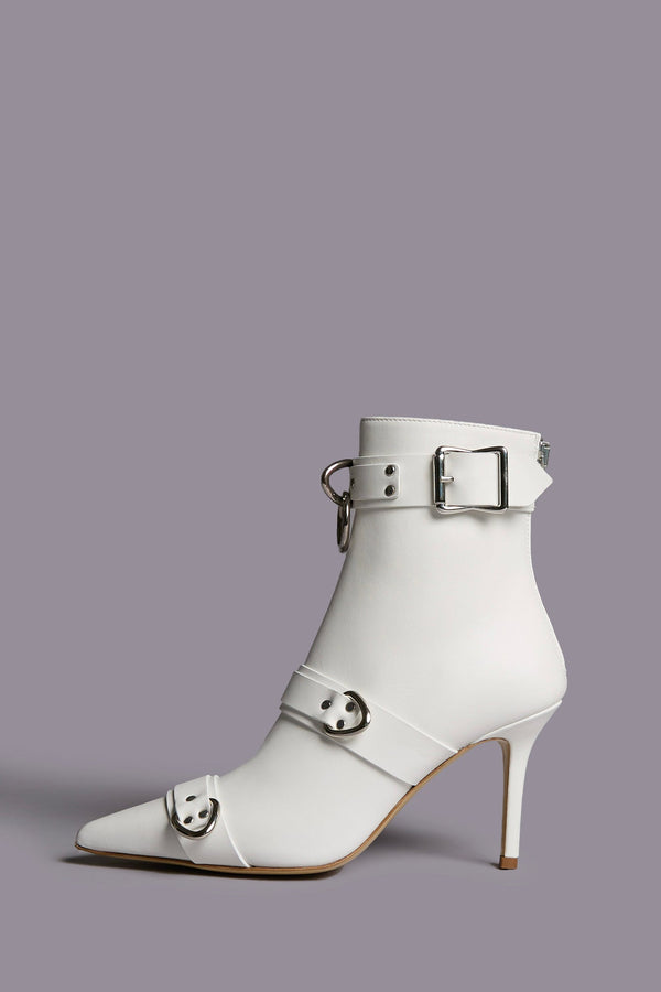 r13 STRAPPED SKINNY ANKLE HEELED BOOT white