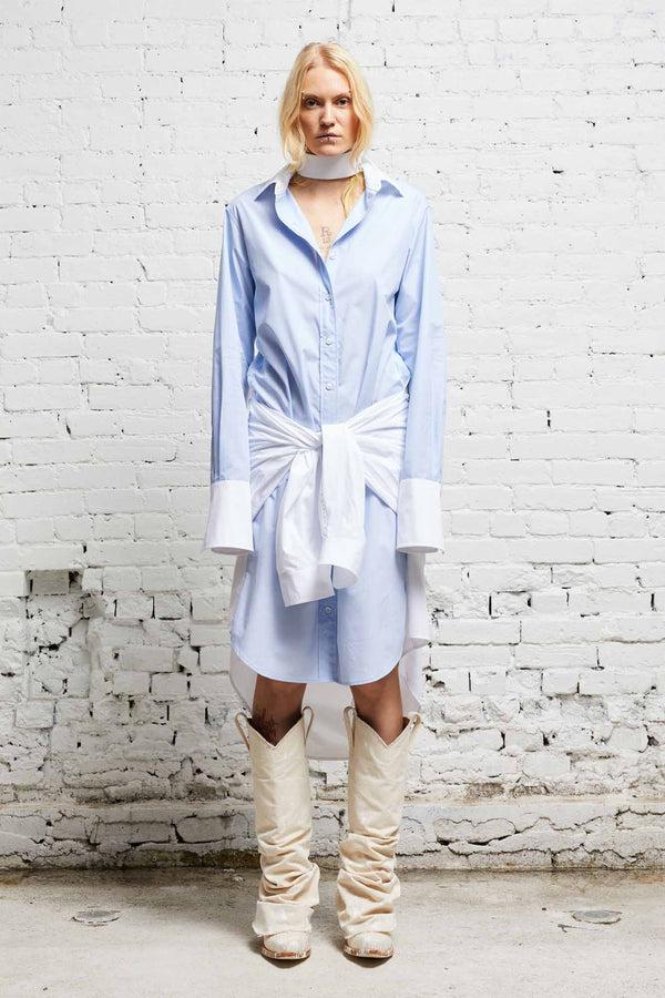 R13 TIE SHIRTDRESS Blue And White