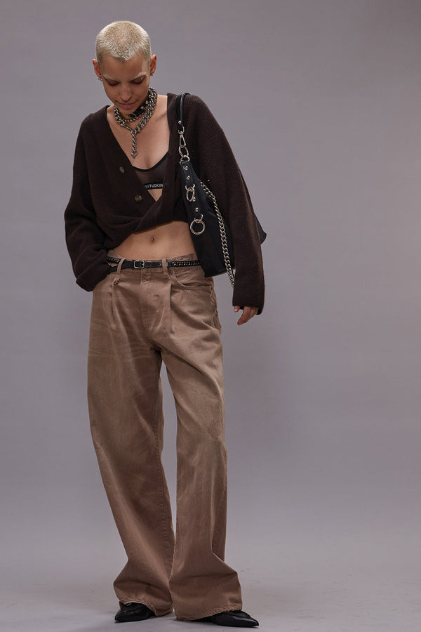 R13 TWISTED FRONT RIBBED CARDIGAN Dark Brown