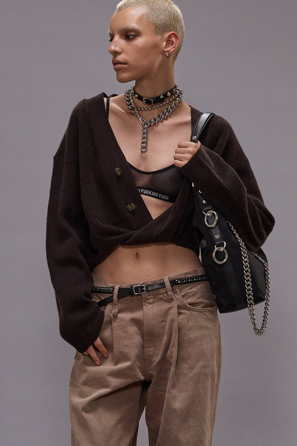 r13 TWISTED FRONT RIBBED CARDIGAN dark brown