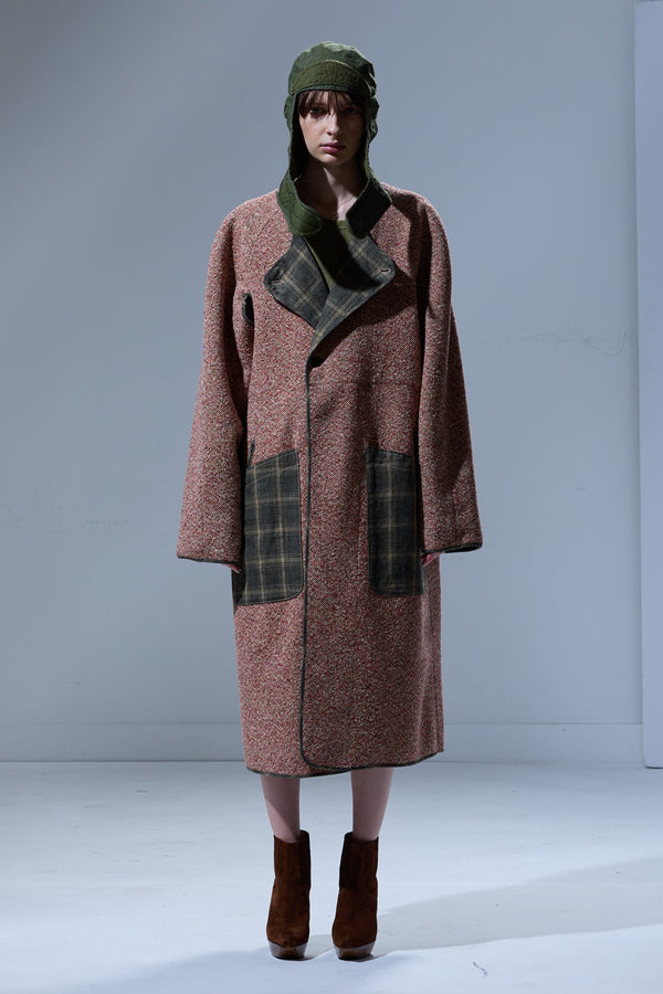 R13 REVERSIBLE OVERSIZED RAGLAN LINER Red / Cream With Sage Plaid