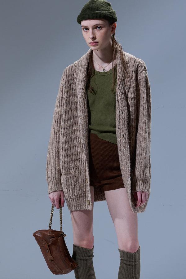 R13 SHAWL COLLAR ELONGATED CARDIGAN Tan Tweed Brown