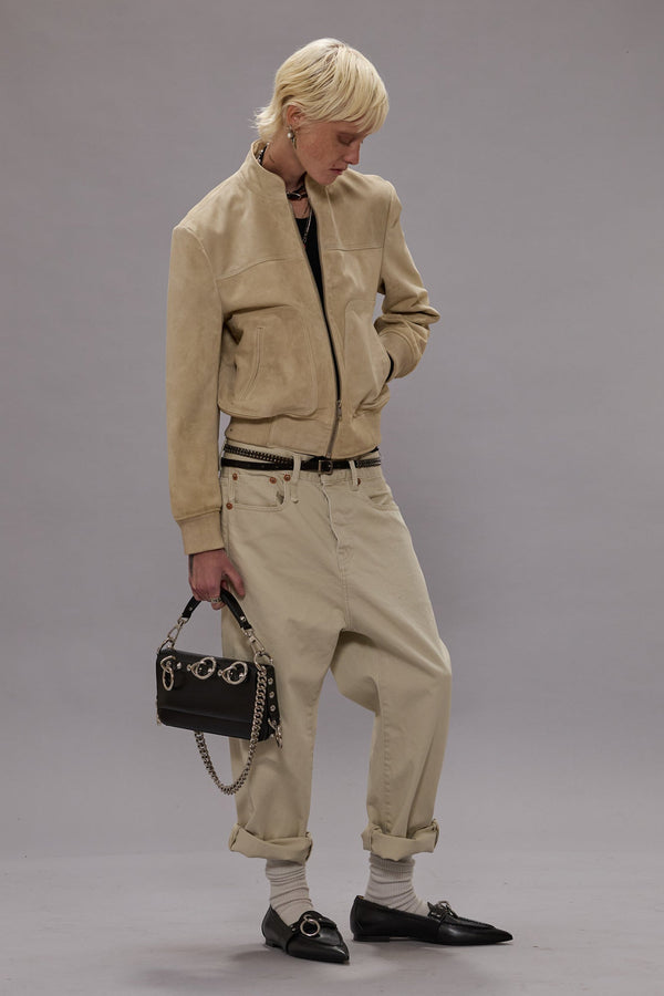 R13 SHRUNKEN LEATHER JACKET WITH STAND COLLAR Stone