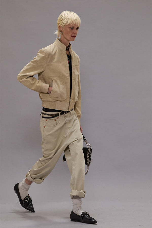 r13 SHRUNKEN LEATHER JACKET WITH STAND COLLAR stone