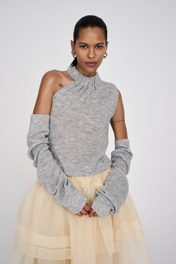 rabens saloner Celina Waffled knit one shoulder top I Grey melange