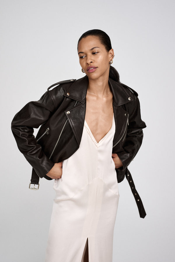 rabens saloner Davine Leather biker jacket I Coffee