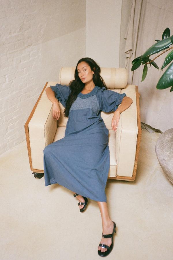 Rabens Saloner Dorothea Cotton Long Angel Dress I Dusty Indigo