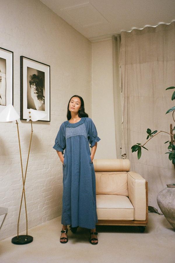 rabens saloner Dorothea Cotton long angel dress I Dusty indigo