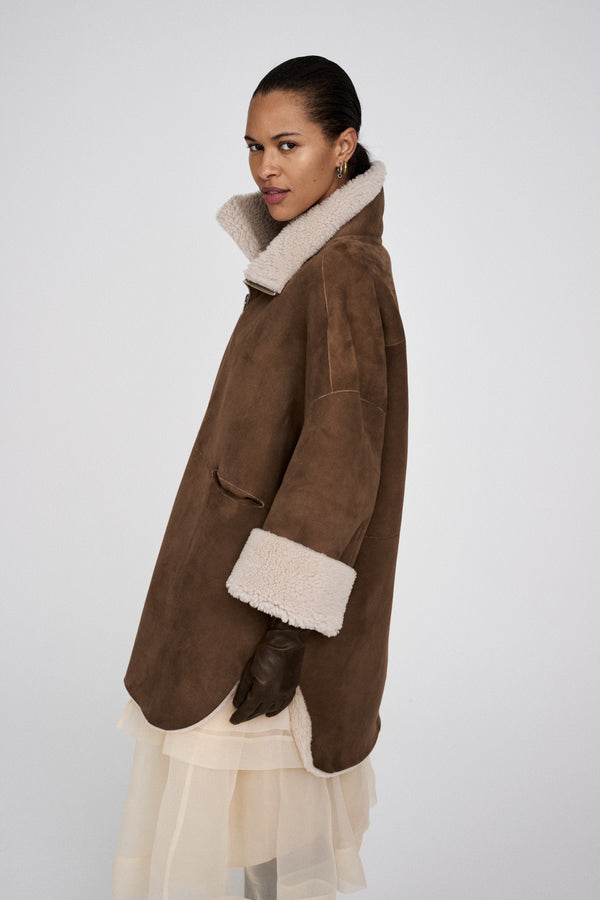 rabens saloner Ejsa Shearling coat I Dark brown natural combo