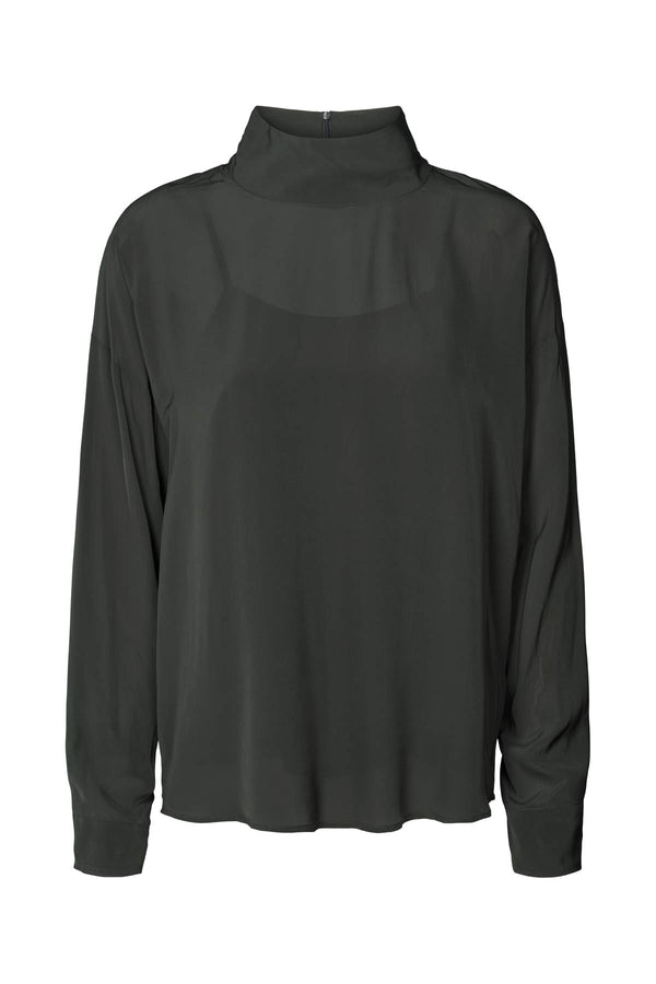 rabens saloner Evia Matte drape zip sleeve blouse I Pirate black