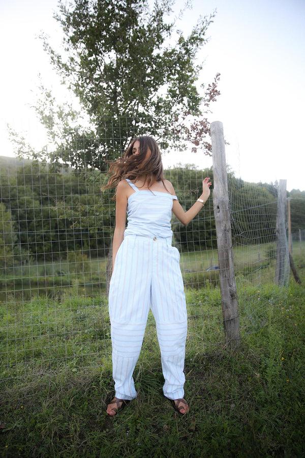 Rabens Saloner Fresia Reverse Stripe Military Pants I Blue Pyjama Stripe