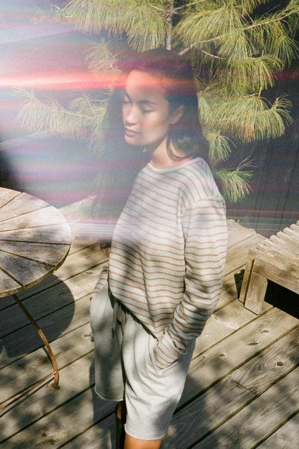 Rabens Saloner Hila Light Stretch Crew Neck Top I Grey Honey Stripe