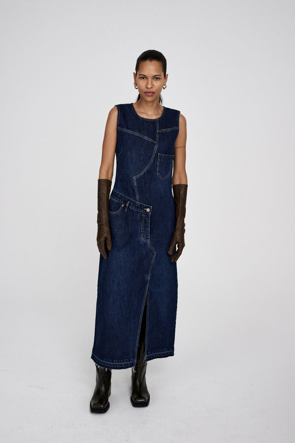 Rabens Saloner Inette Patchwork Denim Dress I Dark Washed Indigo