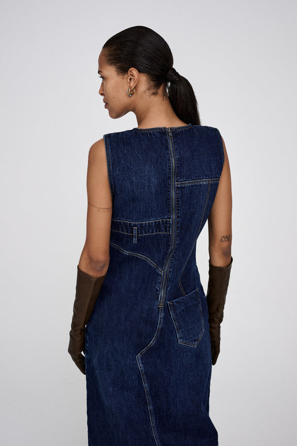 Rabens Saloner Inette Patchwork Denim Dress I Dark Washed Indigo