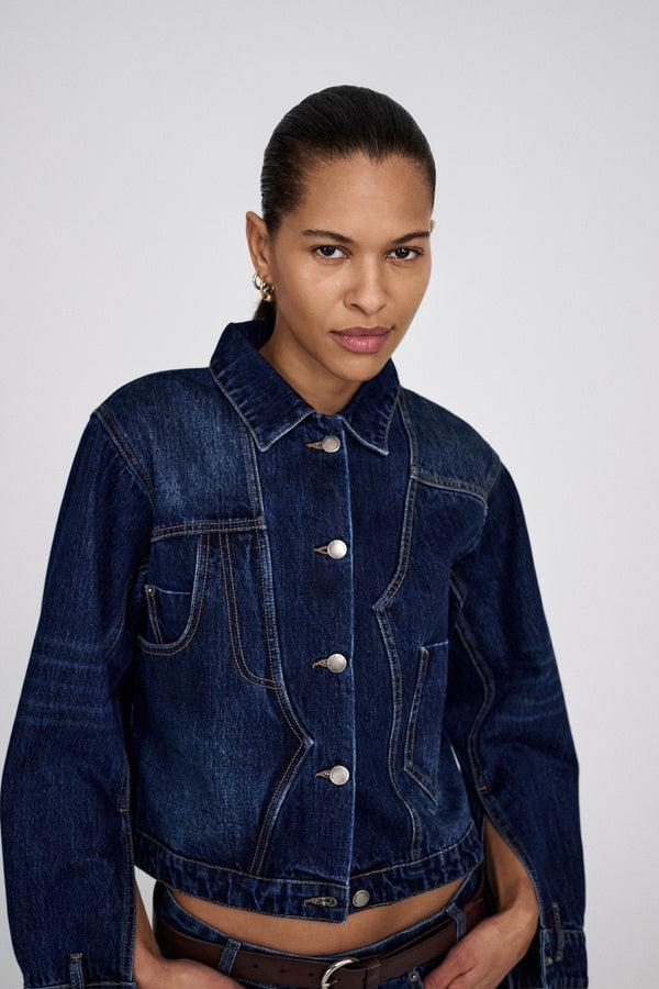 Rabens Saloner Janny Patchwork Denim Jacket I Dark Washed Indigo