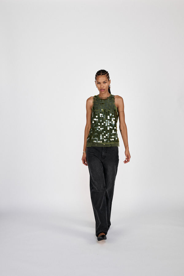Rabens Saloner Lilos Clover Sequins Tank Top I Army Green