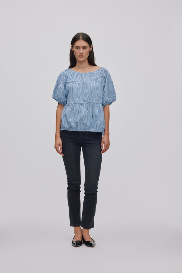 Rabens Saloner Lotte Quilt Stripe Elasticated Top I Blue White Stripe