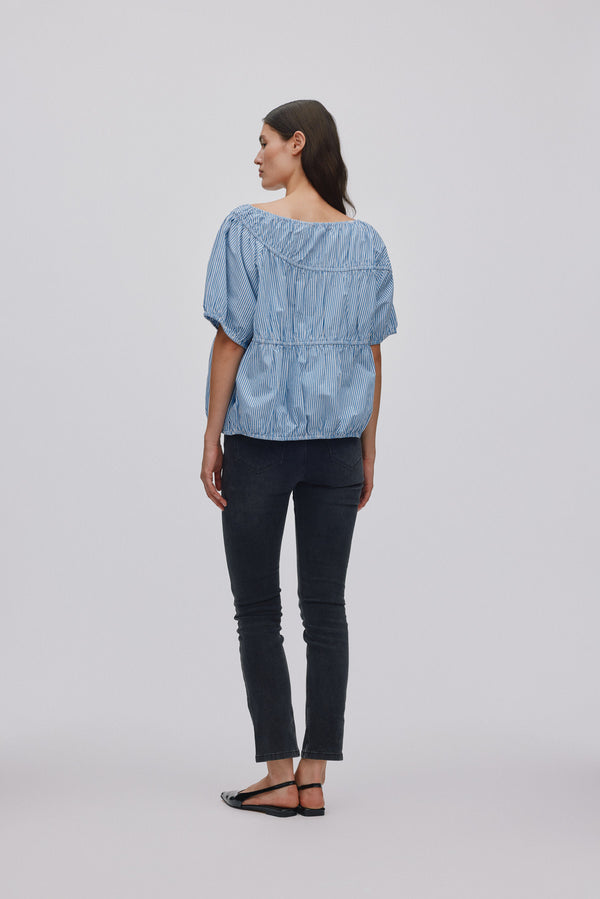 Rabens Saloner Lotte Quilt Stripe Elasticated Top I Blue White Stripe