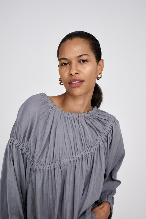 Rabens Saloner Mae Cotton Dbl Elasticated Dress I Grey Mist