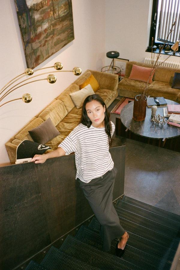 Rabens Saloner Margot Light Stretch Cropped T-shirt I Oyster Navy Stripe