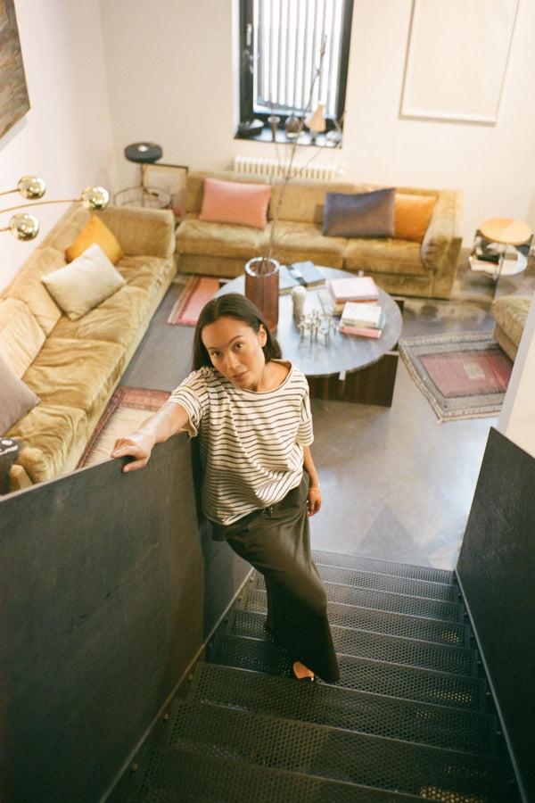 Rabens Saloner Margot Light Stretch Cropped T-shirt I Oyster Navy Stripe