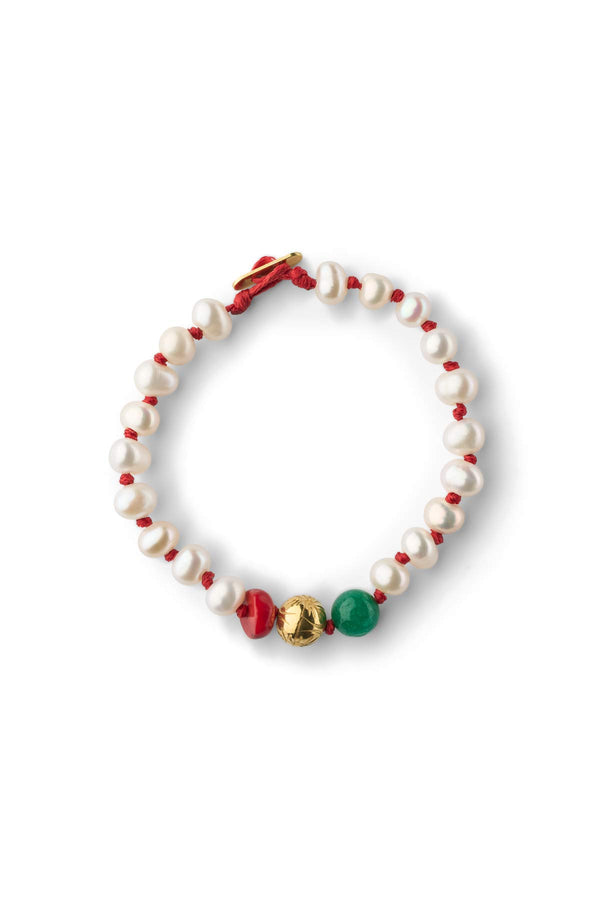 rabens saloner Pearl Bracelet With Beads Nafsu I Gold Beads w/ Coral And Green Onyx