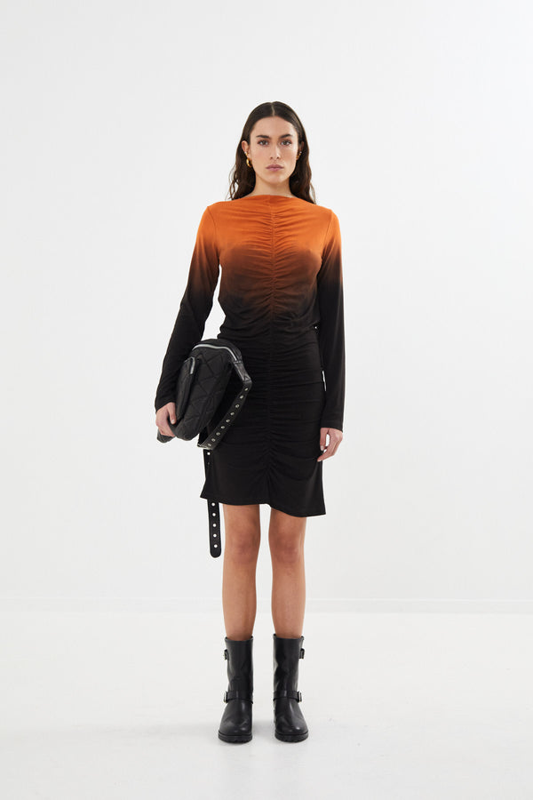 Rabens Saloner PreLoved Isja Flow Gather Short Dress I Burnt Orange Combo