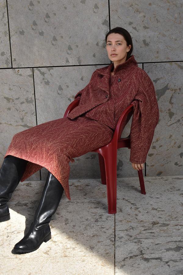 Rabens Saloner PreLoved Luzie Herringbone Long Skirt I Burgundy Combo