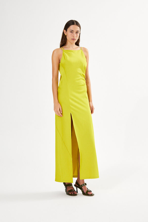 Rabens Saloner PreLoved Pandora Techno Drape Fitted Dress I Acid Yellow