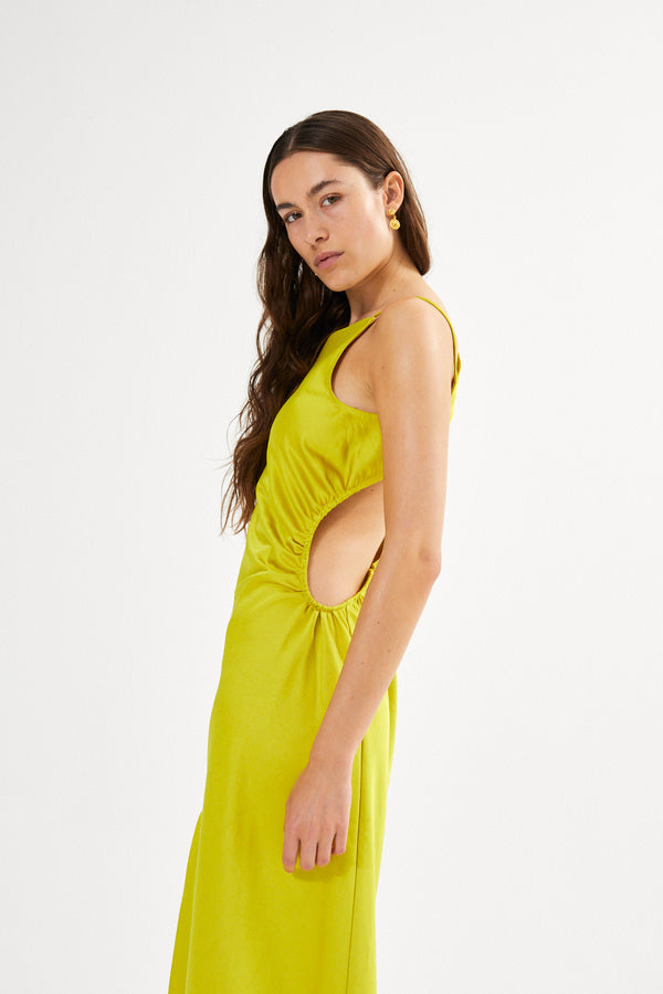 Rabens Saloner PreLoved Pandora Techno Drape Fitted Dress I Acid Yellow