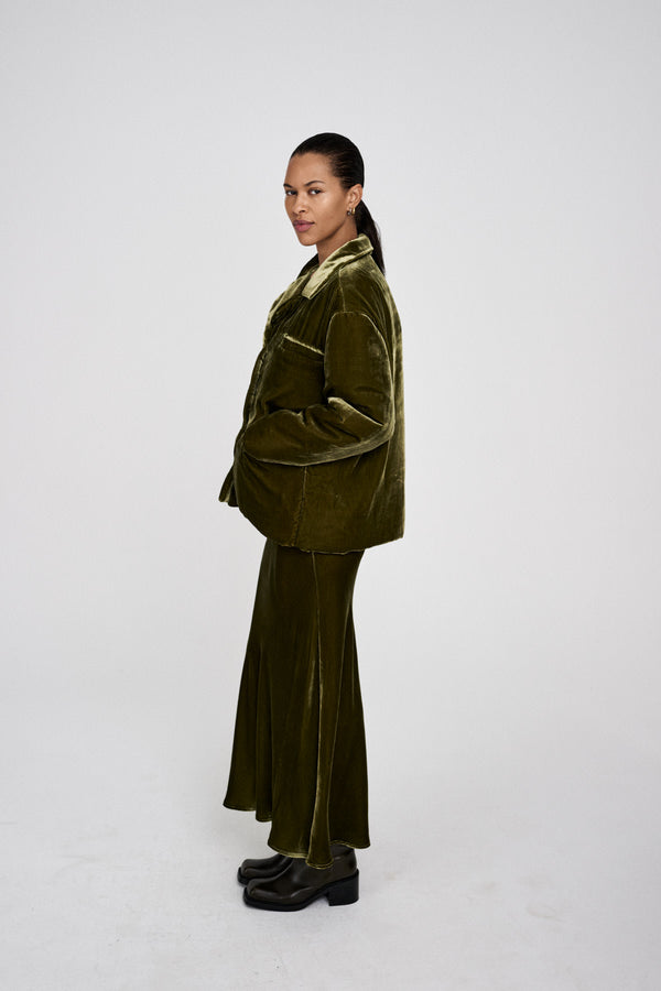 Rabens Saloner Ellery Velvet Bias Skirt I Olive