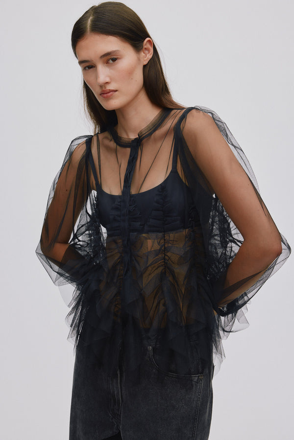 rabens saloner Gida Frilly tulle shirt I Black