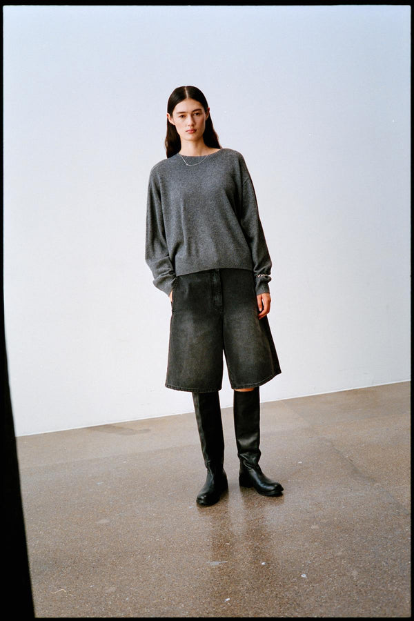 Rabens Saloner Raha Denim Black Wide Shorts I Washed Black Denim