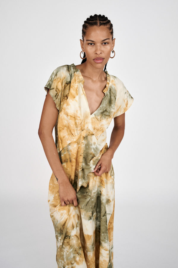 rabens saloner Rosie Abstract frill neck dress I Forest combo