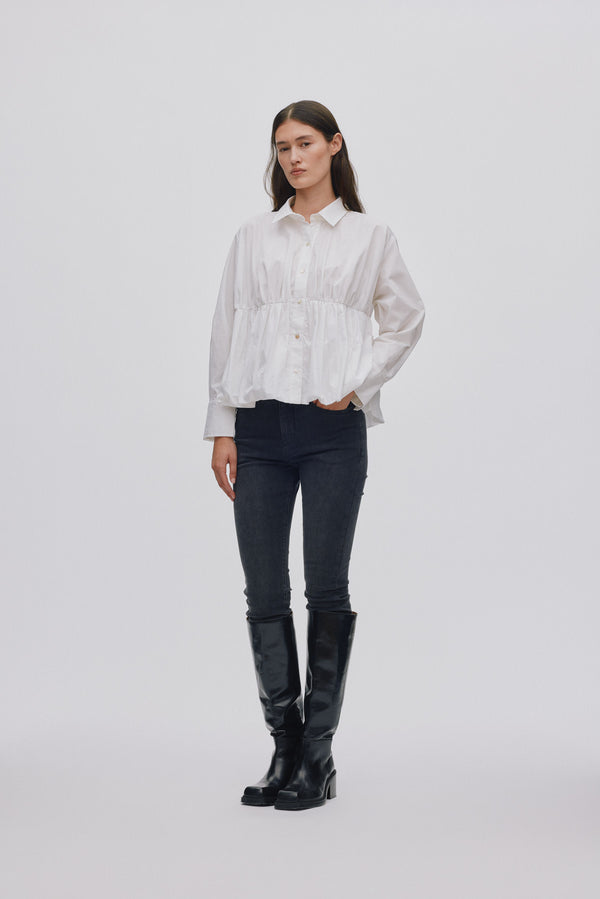 Rabens Saloner Sophie Poplin Puffed Hem Shirt I White