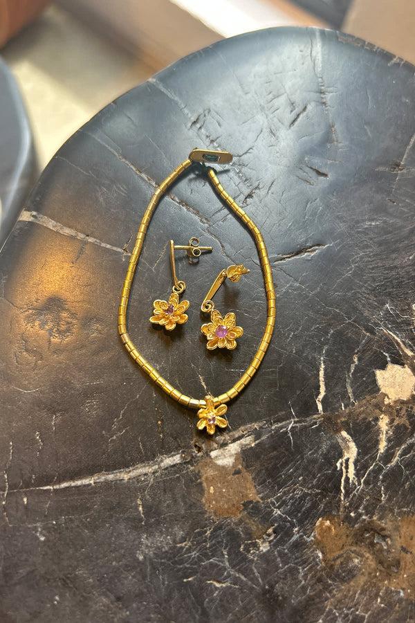 Rabens Saloner Tube Bead Flower Bracelet Nafsu I Gold W/ Purple Stone