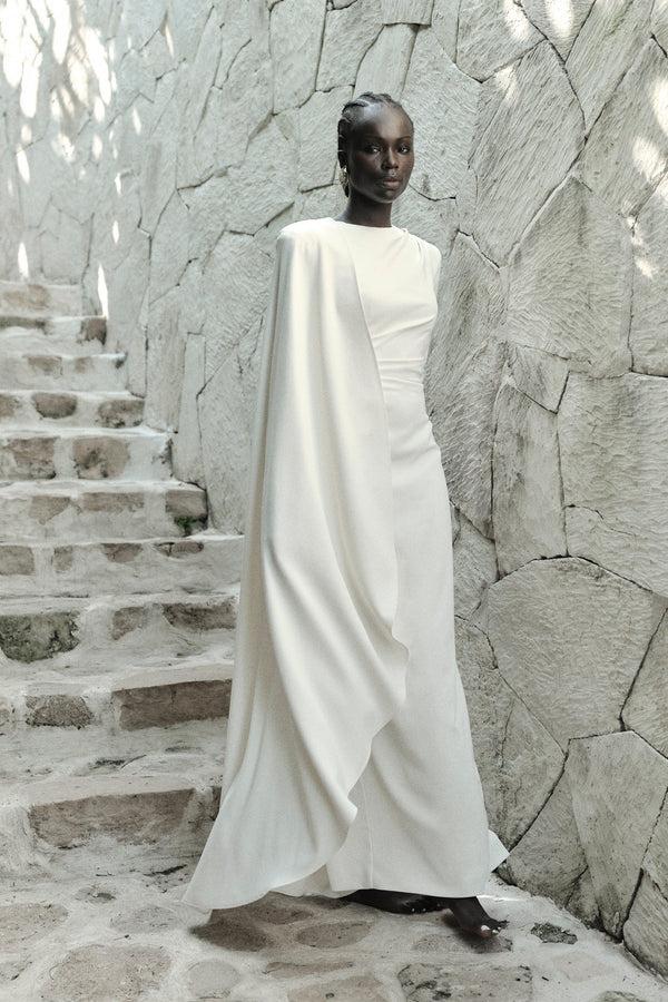 Rachel Gilbert Dion Cape Gown Creme | Shop Rachel Gilbert Online – Rachel Gilbert US