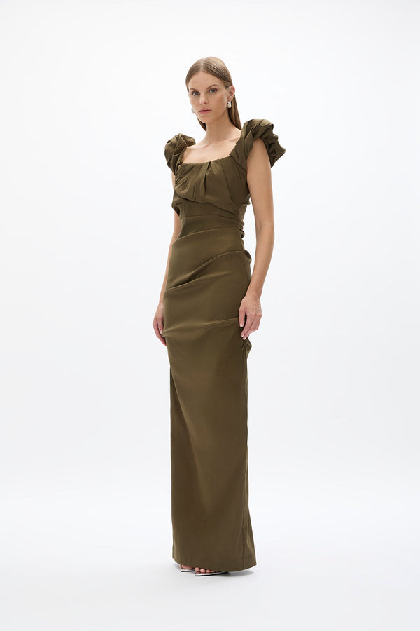 Rachel Gilbert Kalina Gown Olive | Shop Rachel Gilbert Online – Rachel Gilbert US